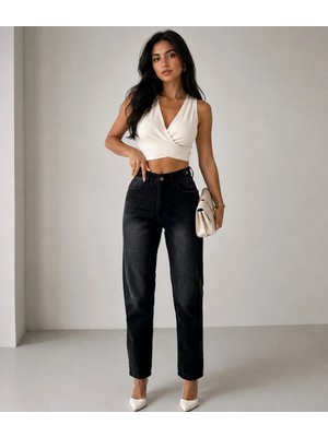 Shevega Kadın Siyah Yüksek Bel Kemer Detaylı Fit Mom Jean Boyfriend Kot Pantolon