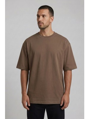Allunique Erkek Pamuklu Oversize Bisiklet Yaka Kahverengi T-Shirt