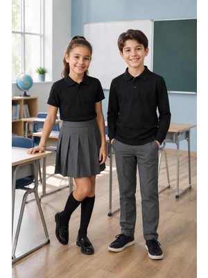 Qkk Çocuk Unisex Siyah 2'li Polo Yaka Okul Tişörtü Seti Kısa Kollu + Uzun Kollu %100 Pamuk Lakos Kumaş