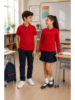 Qkk Çocuk Unisex Kırmızı 2'li Polo Yaka Okul Tişörtü Seti Kısa Kollu + Uzun Kollu %100 Pamuk Lakos Kumaş