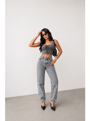 Shevega Mamaliga Kadın Fümetaş Detaylı Boyfriend Mom Jeans Kot Pantolon