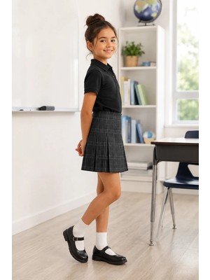 Qkk Çocuk Unisex Siyah Kısa Kollu Polo Yaka Okul Tişörtü %100 Pamuk Lakos Kumaş