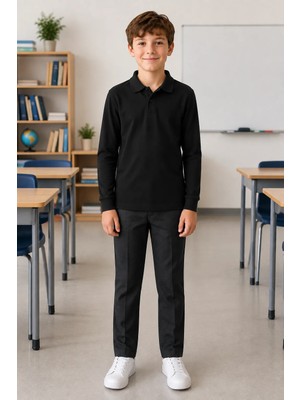 Qkk Çocuk Unisex Siyah Uzun Kollu Polo Yaka Okul Tişörtü %100 Pamuk Lakos Kumaş