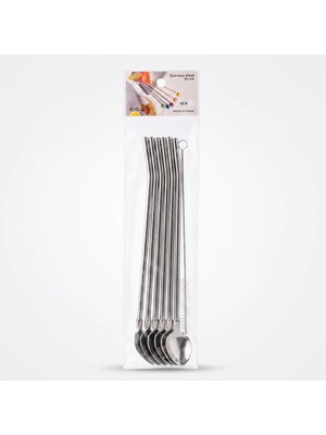 6'lı Kaşıklı Pipet Seti - Metal - Pipet Temizleme Fırçası