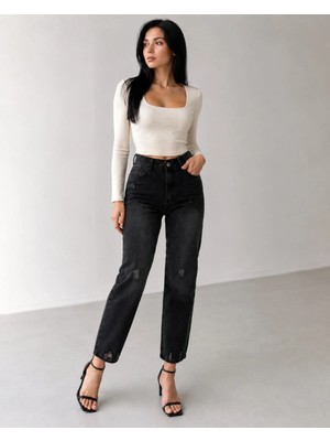 Shevega Siyah Yüksek Bel Yırtık Detaylı Boyfriend Mom Jean Kot Pantolon