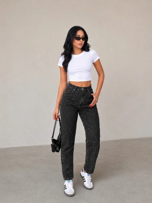 Shevega Mamaliga Kadın Kahverengi Taş Detaylı Boyfriend Mom Jeans Kot Pantolon