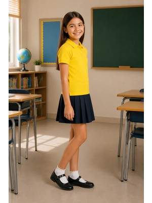 Qkk Çocuk Unisex Sarı Kısa Kollu Polo Yaka Okul Tişörtü %100 Pamuk Lakos Kumaş