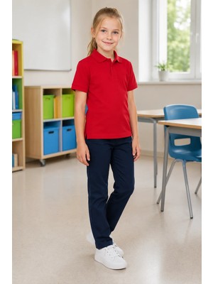 Qkk Çocuk Unisex Kırmızı Kısa Kollu Polo Yaka Okul Tişörtü %100 Pamuk Lakos Kumaş