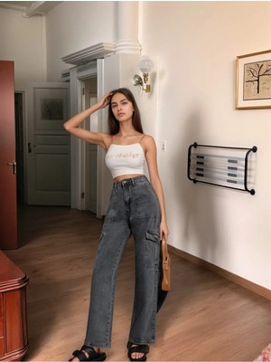 Shevega Plăcintă Füme Kargo Cepli 90's Yüksek Bel Boyfriend Jean Bol Paça Salaş Kot Pantolon