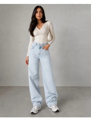 Shevega Milano Buz Mavi Arka Kemer Tokalı Yüksek Bel Baggy Jeans Salaş Kot Pantolon
