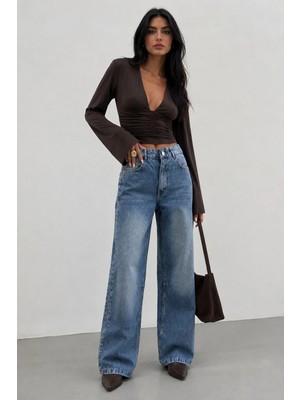 Shevega Mamaliga Yüksek Bel Geniş Paça Tint Yıkama Bol Kesim Baggy Jeans Salaş Kot Pantolon