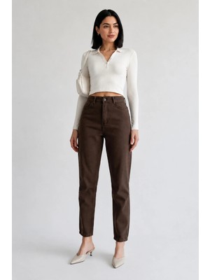 Shevega Kadın Kahverengi Keten Mom Jeans Boyfriend Pantolon
