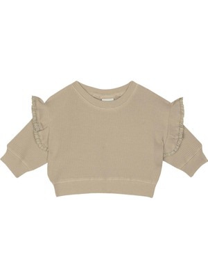 Antebies Organik Gots Sertifikalı Bej Waffle Kumaş, Dantel Detaylı, Uzun Kollu Bebek Sweatshirtü