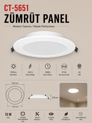 Yenilig CT-5651 Zümrüt Panel LED 15W – 14,2 cm Dış Çap 11,5 cm Kesim Çapı