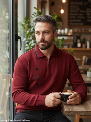 Kamalı Erkek Bordo Tüylenme Yapmayan Standart Fit Normal Kesim Nakış Desen Polo Yaka Triko Kazak