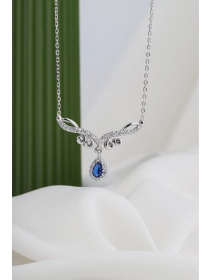 Tayfun Silver Mavi Damla Zirkon Taşlı Sarmal Kanat Motifli 925 Ayar Gümüş Kolye
