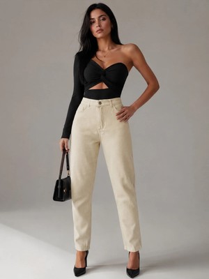 Shevega Mamaliga Krem Mom Jeans Boyfriend Keten Pantolon