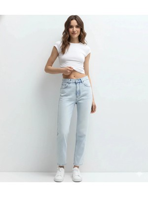 Shevega Kadın Buz Mavi Likralı Boyfriend Fit Mom Jean Pantolon