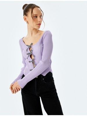 Koton Fiyonklu V Yaka Slim Fit Crop Triko Hırka