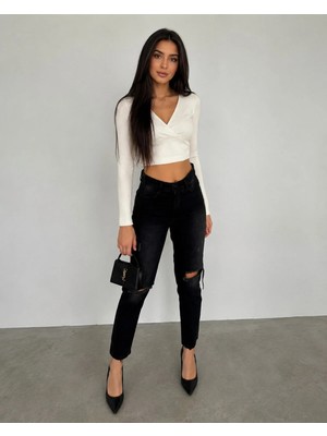 Shevega Siyah Yüksek Bel Diz Yırtık Detaylı Boyfriend Mom Jean Kot Pantolon