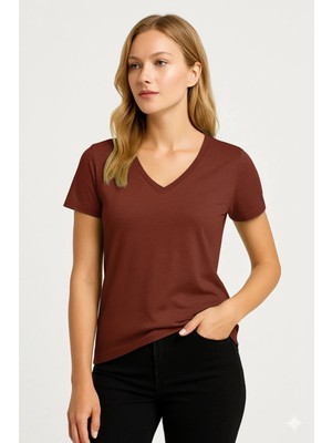 Prolet Kadın V Yaka Basic Tişört – Limited Color Drop - Kiremit