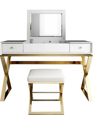 Vivense Alısha Makyaj Masası ve Tabure, Gold Metal Beyaz