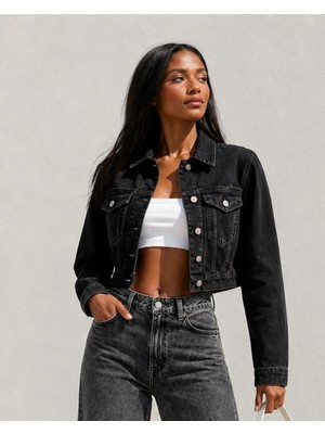 Shevega Siyah Kısa Modern Fit Boyfriend Denim Jean Crop Ceket