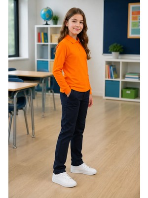 Qkk Çocuk Unisex Turuncu Uzun Kollu Polo Yaka Okul Tişörtü %100 Pamuk Lakos Kumaş