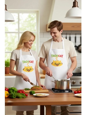 PayBuy Kadın Unisex Mutfak Aşçı Önlüğü Taco Kedi Baskılı Komik Desenli Rahat Günlük Kullanım Modern Şık