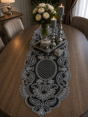 Lena Maison Luna Siyah Tül Üzerine Nakış Işlemeli Runner 35 cm x 105 cm