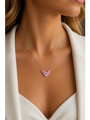 Tayfun Silver Pembe Kalp Taşlı Kelebek Kanat Model 925 Ayar Gümüş Kolye
