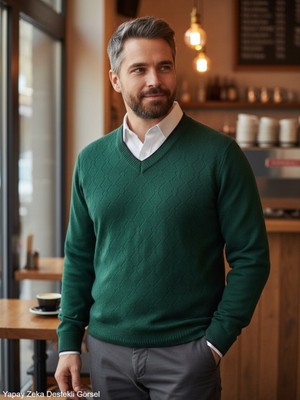 Kamalı Erkek Nefti Tüylenme Yapmayan Anti-Pilling Standart Fit Normal Kesim V Yaka Triko Kazak