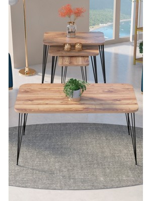 Bezos Siyah Tel 4'lü Sehpa Seti Ceviz