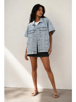 Shevega Buz Mavi Oversize Panço Kolsuz Kot Denim Jean Yelek