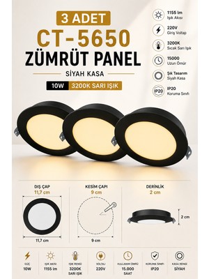 Yenilig 3 Adet CT-5650 Zümrüt Panel LED 10W 3200K Sarı Işık Siyah Kasa – 11,7 cm Dış Çap 9 cm Kesim Çapı