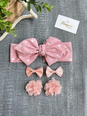 Pempem Bandana Kız Bebek Pudra Yıldız Desenli Bandana Toka Seti