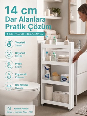 Motek 4'lü Slim Dar Alan Organizer Raf, Tekerlekli Çok Amaçlı Mutfak ve Banyo Düzenleyici (Beyaz)