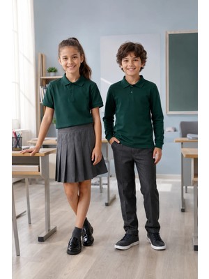 Qkk Çocuk Unisex Koyu Yeşil 2'li Polo Yaka Okul Tişörtü Seti Kısa Kollu + Uzun Kollu %100 Pamuk Lakos Kumaş
