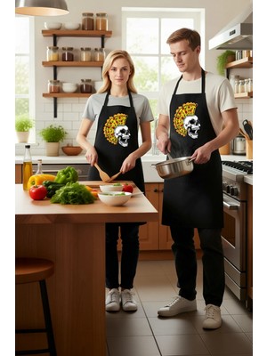 PayBuy Unisex Mutfak Aşçı Önlüğü Kafatası Pizza Baskılı Grafik Tasarım Sanat Yönelimli Rahat Günlük Modern