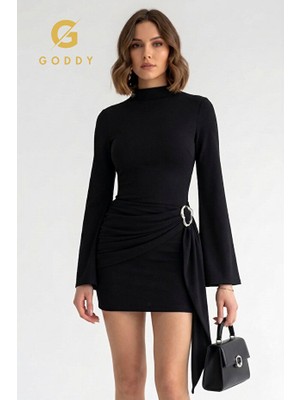 Goddy Siyah Kadın Dik Yaka Toka Detaylı Kuşaklı Toparlayıcı Kalıp Mini Elbise