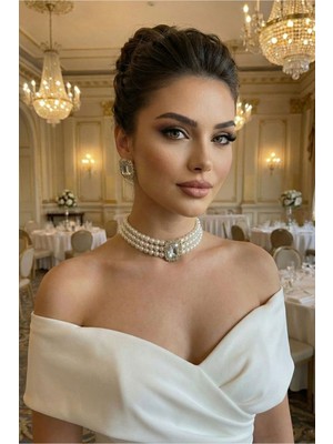 BB Bridal Boutique Incili Gümüş Taşlı Gold Kaplama Cam Inci Tasma Choker Kolye Özel Tasarım Kolye Şık Kolye Set Küpe Takım