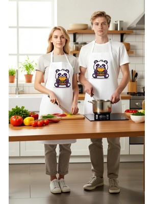 PayBuy Unisex Mutfak Aşçı Önlüğü Burger Tutan Panda Karikatür Baskılı Rahat Kesim Günlük Modern Şık Zarif