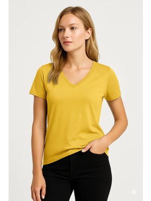 Prolet Kadın V Yaka Basic Tişört – Limited Color Drop - Güneş Sarısı