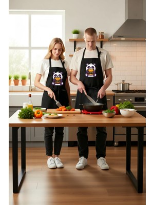 PayBuy Unisex Mutfak Aşçı Önlüğü Burger Tutan Panda Karikatür Baskılı Rahat Kesim Günlük Modern Şık Zarif