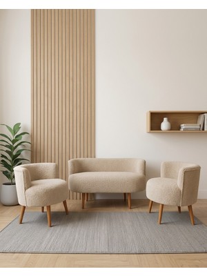 Azra Mobilya Sydney 2+1+1 Welsoft Tüylü Yumuşak Kumaş Balkon Çay Seti Koltuk Takımı - Ahşap Ayak - Cappuccino Bej