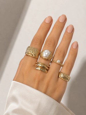Girift Vintage Hamor Gold 5 Adet Inci Taşlı Yüzük Seti
