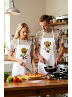 PayBuy Erkek Unisex Aşçı Önlüğü Eritilmiş Pizza Iskelet Baskılı Mutfak Giyimi Rahat Kesim Günlük Modern
