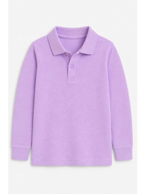 Qkk Çocuk Unisex Lila Uzun Kollu Polo Yaka Okul Tişörtü %100 Pamuk Lakos Kumaş