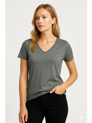 Prolet Kadın V Yaka Basic Tişört – Limited Color Drop - Kurşun Gri