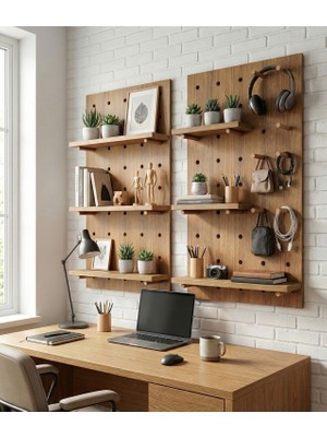 Dekortek Mobilya Ahşap Modüler Pegboard Duvar Raf Sistemi (3 Raf,10 Askı Çubuğu) - Çalışma Masası ve Ofis Düzenleyici